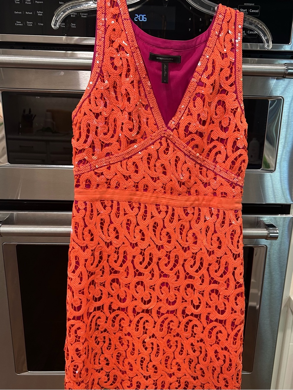 BCBGMaxAzria Orange Lace Midi Dress with Magenta Liner